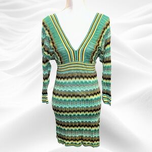 Marciano Striped Chevron Knit Sweater Dress Medium Aqua Blue Green Yellow Black